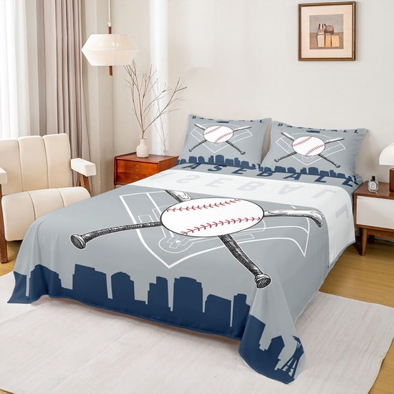 Erosebridal Est Baseball Sleep Queen Sheet Sets for Kids, Grey Blue Sport Bed Set, 4 Pieces