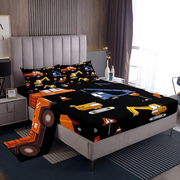 Erosebridal Excavator Bed Sheets Set Teens Youth, Construction Vehicle Sheets Full Size Tractor Bulldozer Truck Sheet Set Car Room Decor, Luxury Microfiber 4Pcs