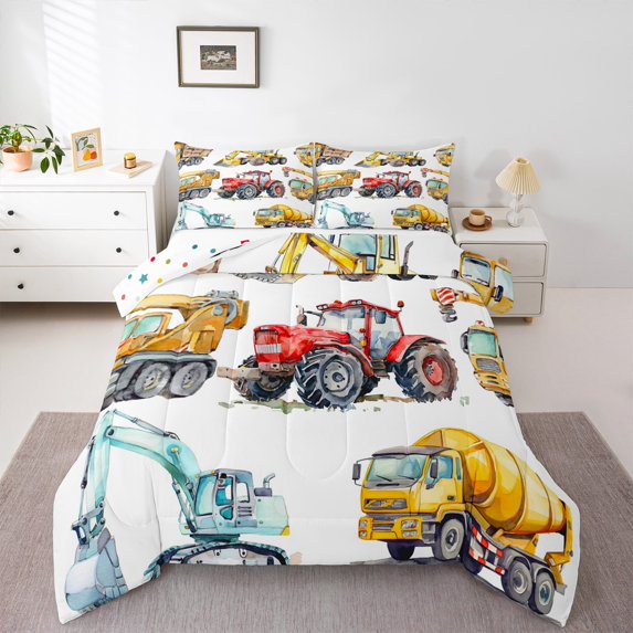 Erosebridal Excavator Comforter Set Full Size, Retro Truck Down Comforter Teens, Tractor Machinery Construction Vehicle Bedding Set Crane Digger Mixer Quilted Duvet Bedroom Decor