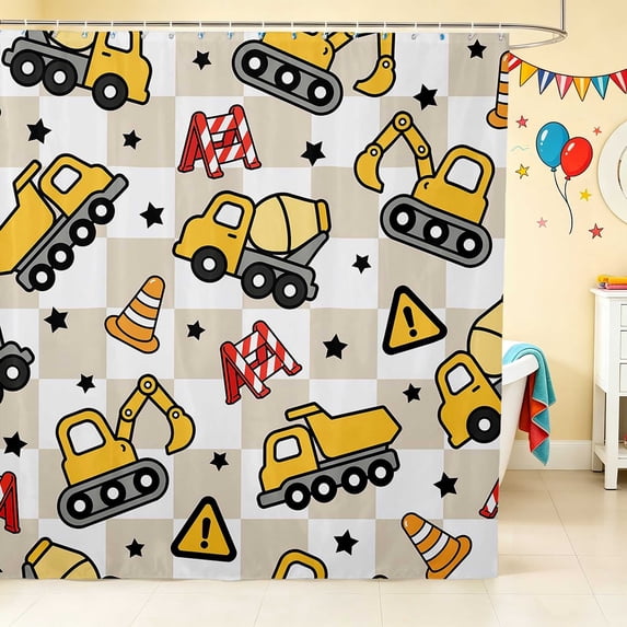 Erosebridal Excavator Shower Curtain 72Wx84L, Checkered Bathroom Shower Curtain, Checkered Excavator