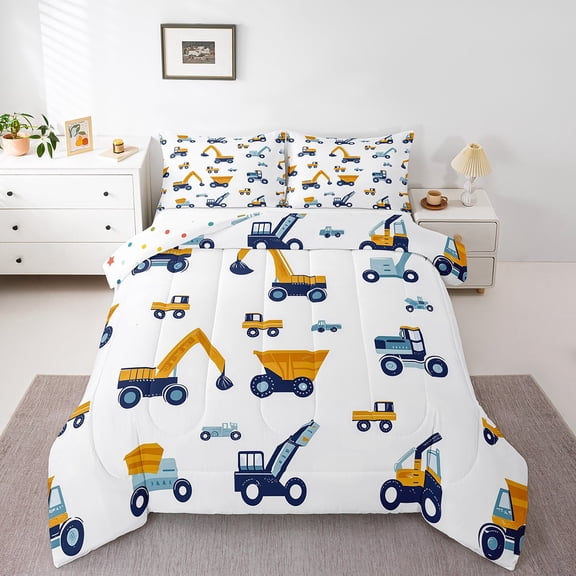 Erosebridal Excavator Truck Bedding Twin Comforter Set, Cartoon Tractor Construction Vehicle Down Comforter, Reversible 2-Piece