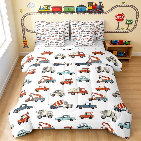 Erosebridal Excavator Twin Bedding, Truck Bedding Comforter Set, White Pattern 7-Piece
