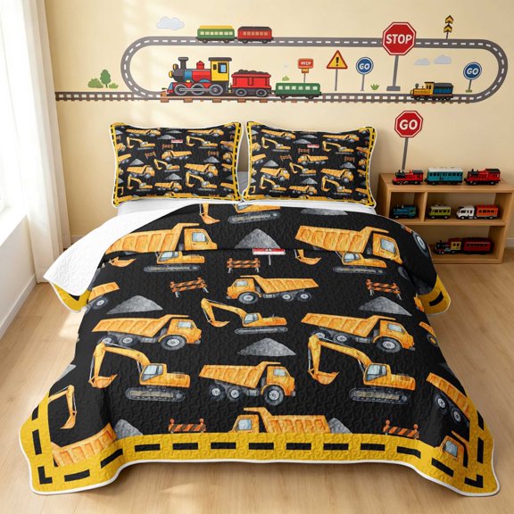 Erosebridal Excavator Twin Quilt Set, Black Background Twin Coverlet Set, Black Yellow 2pcs 1 Bedspread and 1 Pillowcase