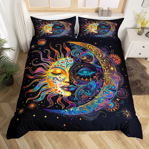 Erosebridal Exotic Moon Sun Comforter Cover Queen,Hippie Bohemian Bedding Queen Size,Colorful Stars Print Duvet Cover Queen For Men Women,Super Cozy Room Decoration Reversible,3 Pieces（No Comforter）
