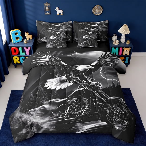 Erosebridal Extreme Sport Motocross 7-Piece Twin Bedding Sets,Wild Animal Eagle Bedding Comforter Set For Men Women,Reversible