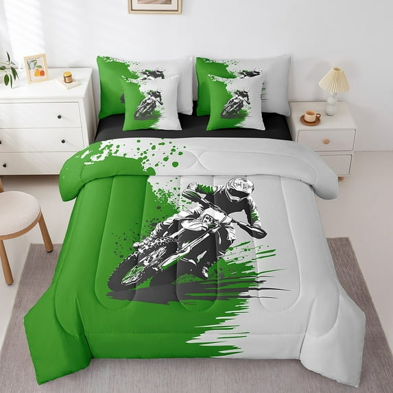 Erosebridal Extreme Sports Bed in a Bag Queen Size,Race Motorcycle Bed in a Bag Queen Size,Green White Bedding Queen Size For Teenager,Breathable Room Decor Reversible,7pcs