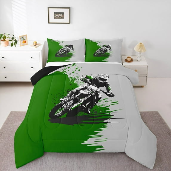 Erosebridal Extreme Sports Bedding Sets Queen with Comforter,Race Motorcycle Bedding Sets Queen with Comforter,Green White Comforter Sets Queen Size For Teenager,Breathable Room Decor Reversible,3pcs
