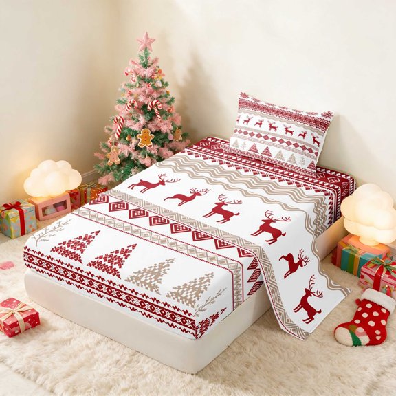 Manfei Fair Isle Twin Sheets Christmas Bedding, Pink White 3pcs (1 Flat Sheet, 1 Fitted Sheet and 1 Pillowcase)