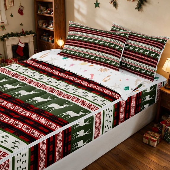 Manfei Fair Isle Zipper Full Size Comforter Sets with Fitted Sheet and 2 Pillowcases Christmas Zipper Bedding Set, Navy Gold, Xmas Reversible