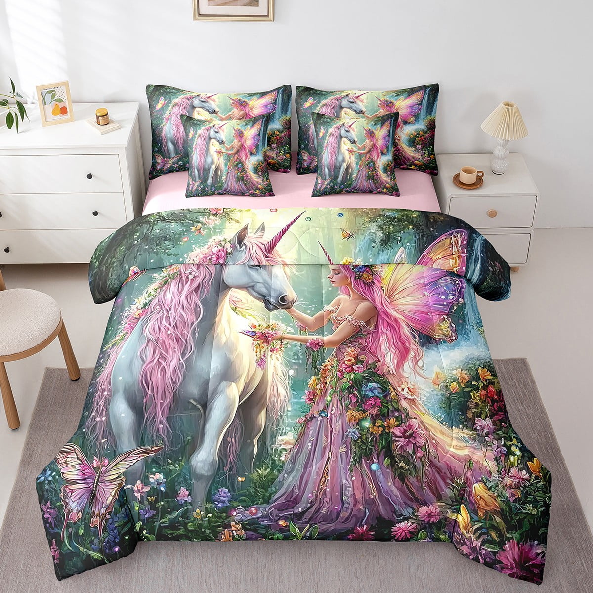 Erosebridal Fairy Elf Princess Bedding King Size, Magical Unicorn Comforter Sets with Sheets, Chic Butterfly Flower Duvet Set, Ultra Soft Bedroom Decor, Reversible 7-Piece