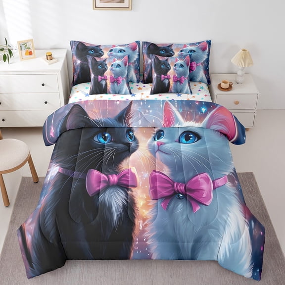 Erosebridal Fairy Kitten Bedding Sets Full Size, Cartoon Cat Comforter Sets with Sheets, Pink Bowknot Decor, Reversible 7 Pieces