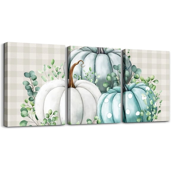 Erosebridal Fall Canvas Wall Art Set of 3 Buffalo Plaid Wall Decor For Kids Adult Ucalyptus Leaves Polka Dots White Pumpkins Fall Painting 12 X 16 Inches Farmhouse Thanksgiving Autumn Artwork Posters