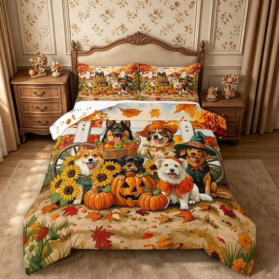 Erosebridal Fall Dogs Full Size Comforter Sets 3-Piece,Cozy Autumn Bedding Comforter Set,Brown,Reversible,1 Comforter and 2 Pillowcases