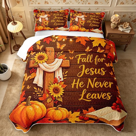 Erosebridal Fall Harvest Bed Spread Queen 3pcs,Autumn Pumpkin Queen Coverlet Set,Coffee,1 Quilt and 2 Pillowcases