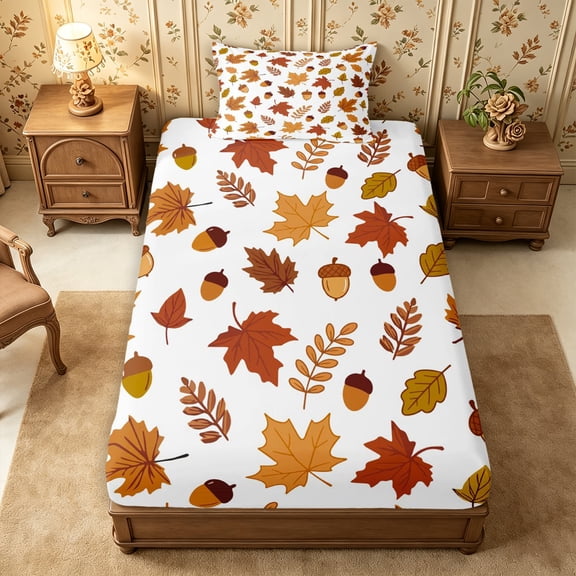 Erosebridal Fall Leaves Twin Fitted Sheet 2 Pieces,Autumn Botanicals Bedding,Multi,1 Fitted Sheet and 1 Pillowcase
