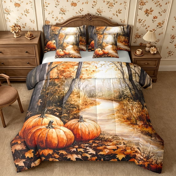 Erosebridal Fall Pumpkin 7-Piece Twin Bedding,Thanksgiving Day Bedding Comforter Set,Beige,Reversible