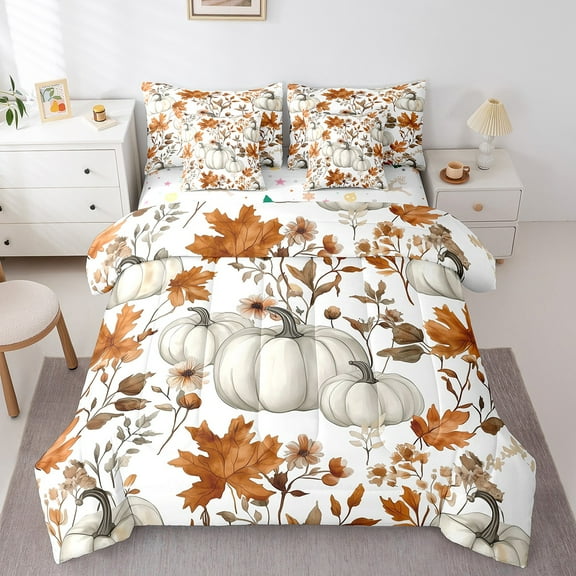 Erosebridal Fall Pumpkin Bedding Full Size, Happy Harvest Bedding Sets Full Size, Autumn Leaf Reversible Comforter Sets with Sheets, Lightweight Room Decor, 7 Pieces