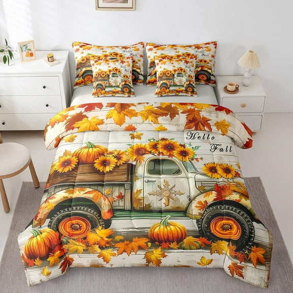 Erosebridal Fall Pumpkin Bedding Queen Size, Autumn Maple Leaf Bed Set, Rustic Truck Reversible Bed in a Bag Queen size, Lightweight Room Decoration, 7-Piece