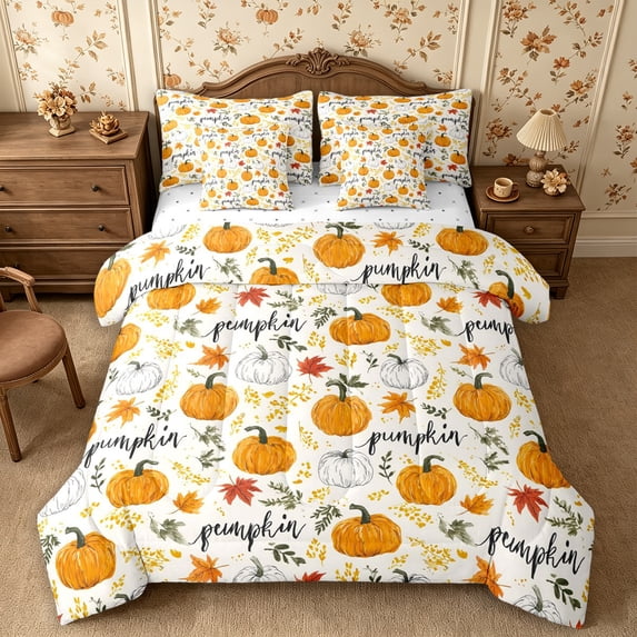 Erosebridal Fall Pumpkin Queen Bedding 7pcs,Thanksgiving Day Bedding Comforter Set Queen,Orange White,Reversible