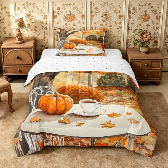 Erosebridal Fall Pumpkin Twin Comforter Sets 2pcs,Happy Autumn Bedding Set,Brown,Reversible,1 Comforter and 1 Pillowcase