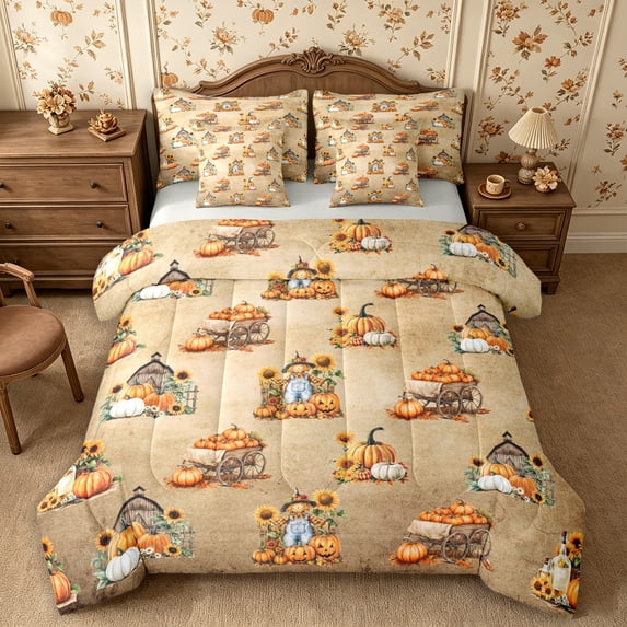 Erosebridal Fall Scarecrow Pumpkin Queen Bedding 7pcs,Happy Thanksgiving Bedding Comforter Set Queen,Tan,Reversible