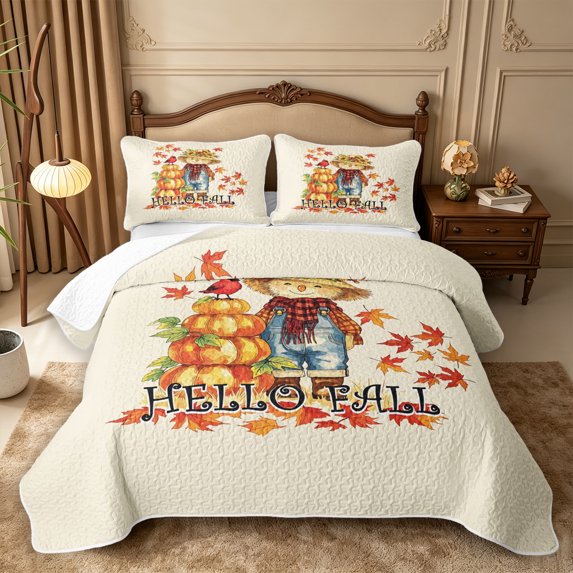 Erosebridal Fall Scarecrow Pumpkin Quilt Full 3-Piece,Happy Harvest Full Bedspread Sets,Cream,1 Coverlet and 2 Pillowcases