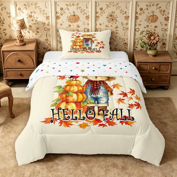 Erosebridal Fall Scarecrow Pumpkin Twin Comforter Sets 2pcs,Happy Harvest Bedding Set,Cream,Reversible,1 Comforter and 1 Pillowcase