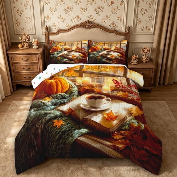Erosebridal Fall Window Queen Comforter Set 3 Pieces,Cozy Autumn Comforter Sets Queen,Gold,Reversible,1 Comforter and 2 Pillowcases