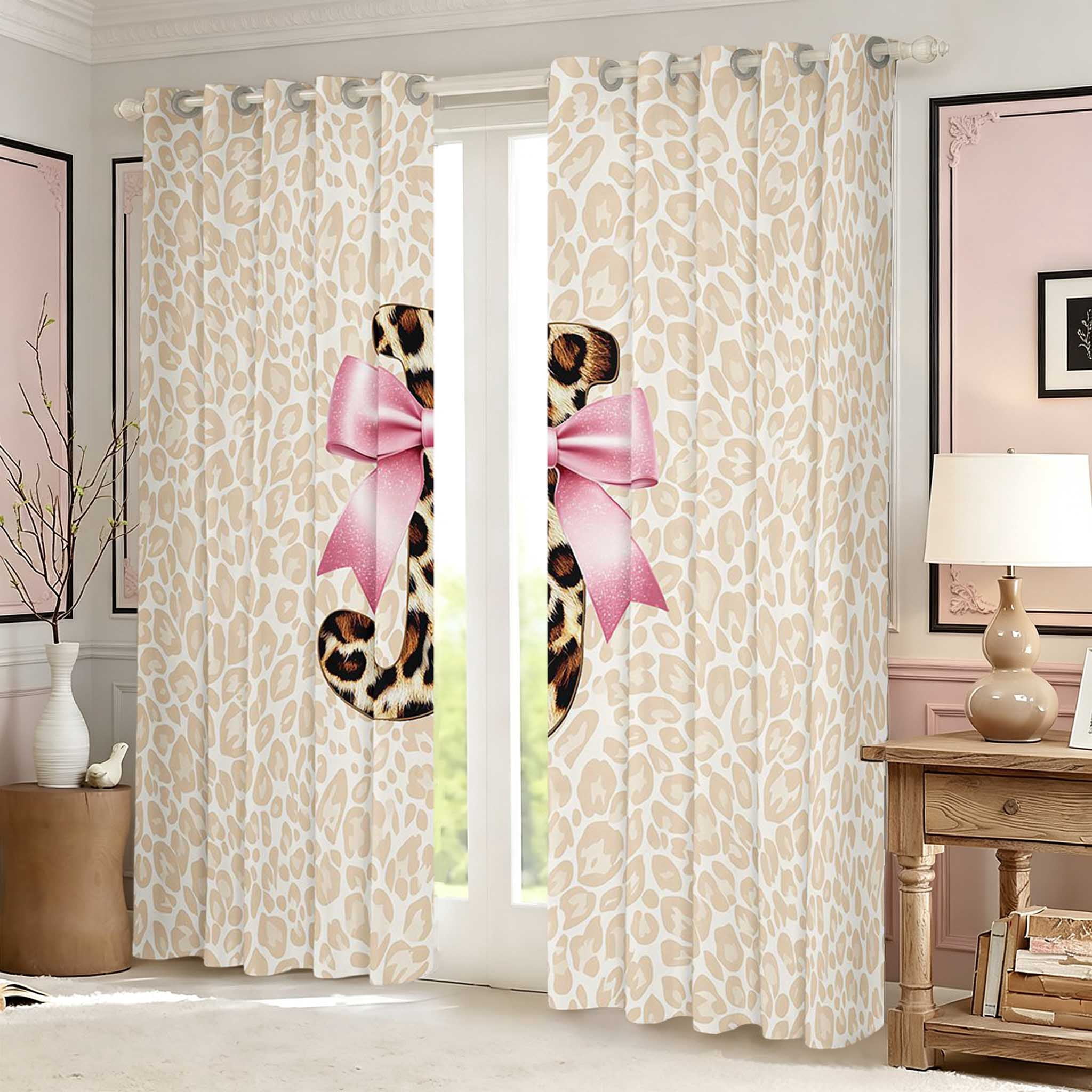 Erosebridal Fancy Leopard Letter Bow Blackout Curtains Set of 2 (38x54 ...