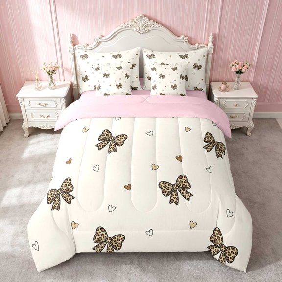 Erosebridal Fancy Satin Bow Ribbon Twin Bedding for Girls, Romantic Floral Print Bedding Comforter Set, Pink Reversible 7-Piece