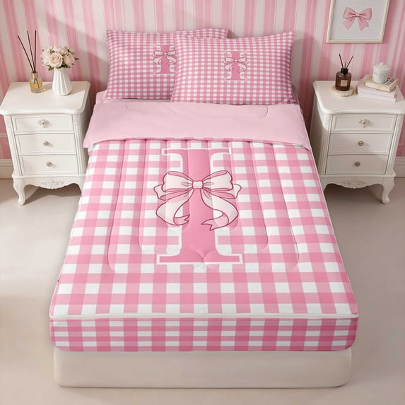 Erosebridal Fancy Satin Bow Ribbon Zipper Full Size Comforter Sets with Fitted Sheet and 2 Pillowcases, Romantic Floral Print Zipper Bedding Set for Girls, Pink Reversible