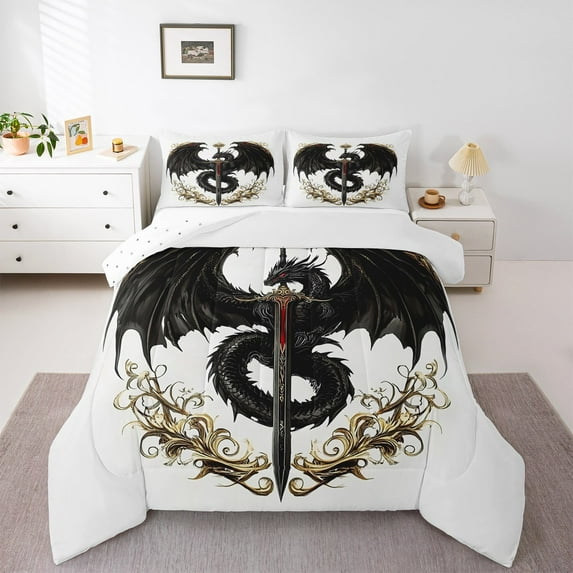 Erosebridal Fantasy Animal Dragon Comforter Sets Queen Size,Gothic Floral Comforters & Duvets,Black Red Sword Cool Bedding Queen Comforter Set,Breathable Room Decor Reversible,3-Piece