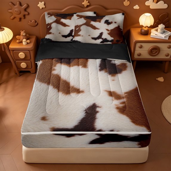 Erosebridal Far Animal Cowhide Zipper Queen Comforter Set with Fitted Sheet and 2 Pillowcases,Rustic Wildlife Cow Print Zipper Bedding Set For Boys,Black Reversible,4 Pieces