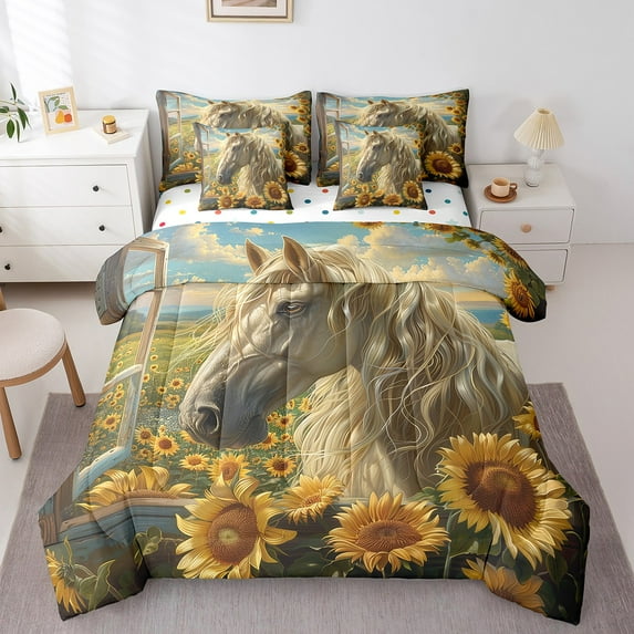 Erosebridal Farm Animal Bedding, Horse Bed in a Bag, Rustic Sunflower Reversible Bed Set, Lightweight Bedroom Decorative, 7 Pieces