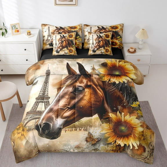 Erosebridal Farm Animal Bedding Sets, Horse Comforter Sets with Sheets, Rustic Sunflower Reversible Bed Sheets Set, Breathable Bedroom Decor, 7 Pieces