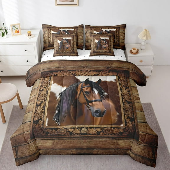 Erosebridal Farm Animal Bedding Sets Queen Size, Horse Comforter Sets with Sheets, Brown Old Barn Door Bedroom Decoration, Reversible 7 Pieces