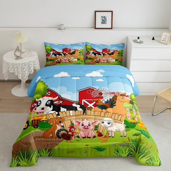 Erosebridal Farm Animal Bedding Sets Twin with Comforter, Kawaii Dog Cow Comforter Sets Twin Size, Farmhouse Down Comforter, Ultra Soft Bedroom Decoration, 2 Pieces