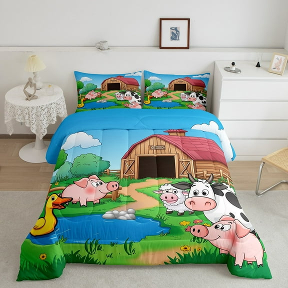 Erosebridal Farm Animal Comforter Sets King Size, Kawaii Pig Cow Comforters & Duvets, Lake House Reversible Duvet Insert, Ultra Soft Room Decoration, 3pcs