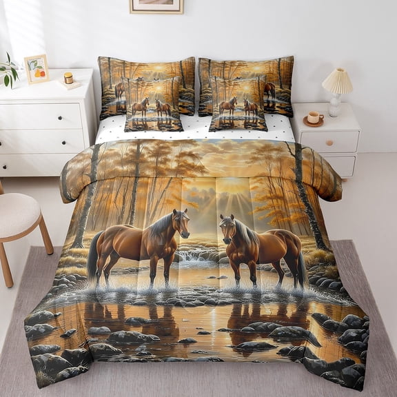 Erosebridal Farm Animal Horse Bed in a Bag Queen Size,Vintage Farmhouse Bed Set,Wild Animal Bedding Queen Size,Breathable Room Decorative Reversible,7 Pieces