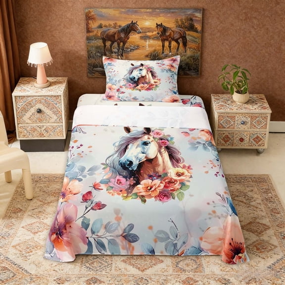 Erosebridal Farm Animal Horse Twin Sheet Sets, Watercolor Blossoms Bedding, 3pcs (1 Flat Sheet, 1 Fitted Sheet and 1 Pillowcase)