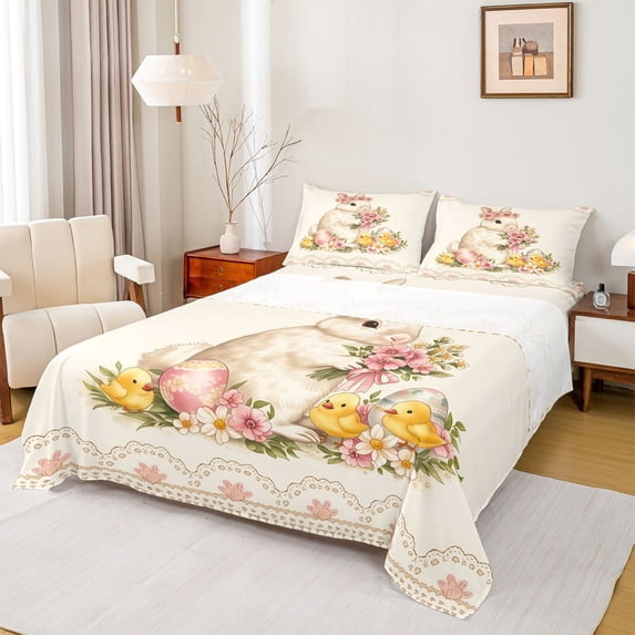 Erosebridal Farm Animal Rabbit Queen Sheet Sets,Rustic Flowers Kawaii Chicken Bed Set For Easter Theme Lover 4 Pieces