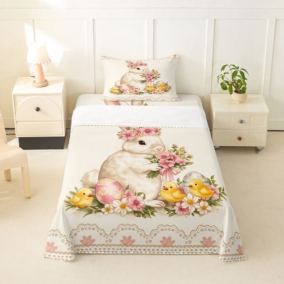 Erosebridal Farm Animal Rabbit Twin Sheet Sets,Rustic Flowers Kawaii Chicken Bedding For Easter Theme Lover 3pcs
