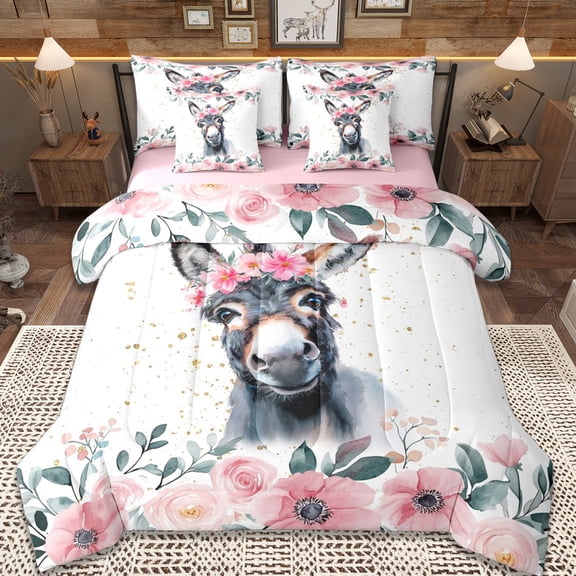 Erosebridal Farm Animals Donkey 7pcs Bedding Comforter Set,Rustic Flowers Queen Bedding Sets For Men Women,Reversible