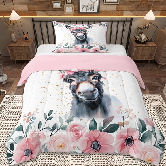 Erosebridal Farm Animals Donkey Twin Comforter Sets,Rustic Flowers Bedding Set For Men Women, Reversible 2pcs