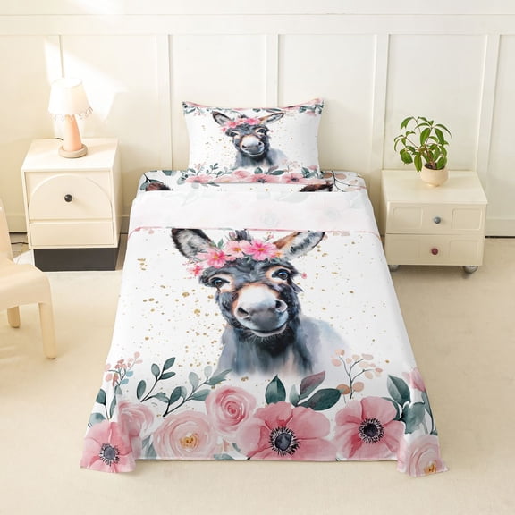 Erosebridal Farm Animals Donkey Twin Sheet Sets,Rustic Flowers Bedding For Men Women 3pcs
