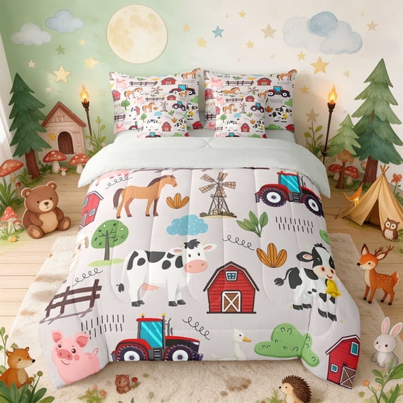 Erosebridal Farm Animals Full Size Bedding Sets for Boys Girls, Grey Farm Full Size Bed in a Bag, Gray Reversible 7pcs