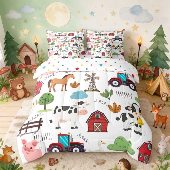 Erosebridal Farm Animals Full Size Bedding Sets for Boys Girls, White Farm Full Size Bed in a Bag, Polka Dots Reversible 7-Piece