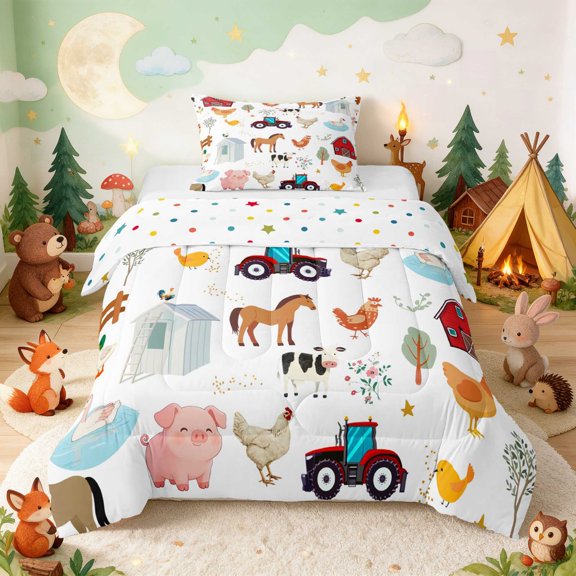 Erosebridal Farm Animals Twin Comforter Sets for Boys Girls, Farmyard Bedding Set, Polka Dots Reversible 2pcs 1 Comforter and 1 Pillowcase