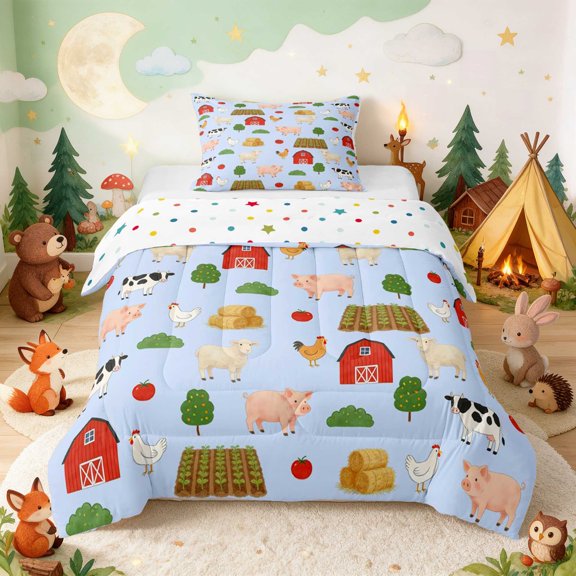 Erosebridal Farm Animals Twin Comforter Sets for Boys Girls, Red Barn Bedding Set, Polka Dots Reversible 2pcs 1 Comforter and 1 Pillowcase