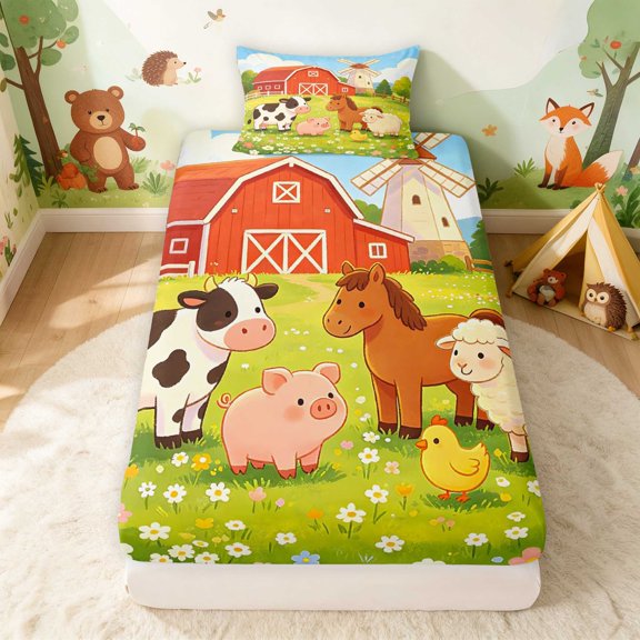 Erosebridal Farm Animals Twin Fitted Sheet for Boys Girls, Sunny Meadow Bedding, 2 Pieces 1 Fitted Sheet and 1 Pillowcase